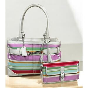 Y2K Coach F10704 Hamptons Stripe Satchel Bag & Large Wristlet